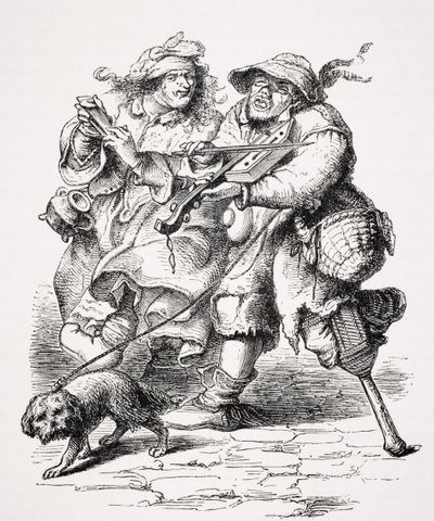 Bettler spielt die Geige, seine Frau begleitet ihn mit Knochen, nach einem Stich aus dem 17. Jahrhundert, aus 